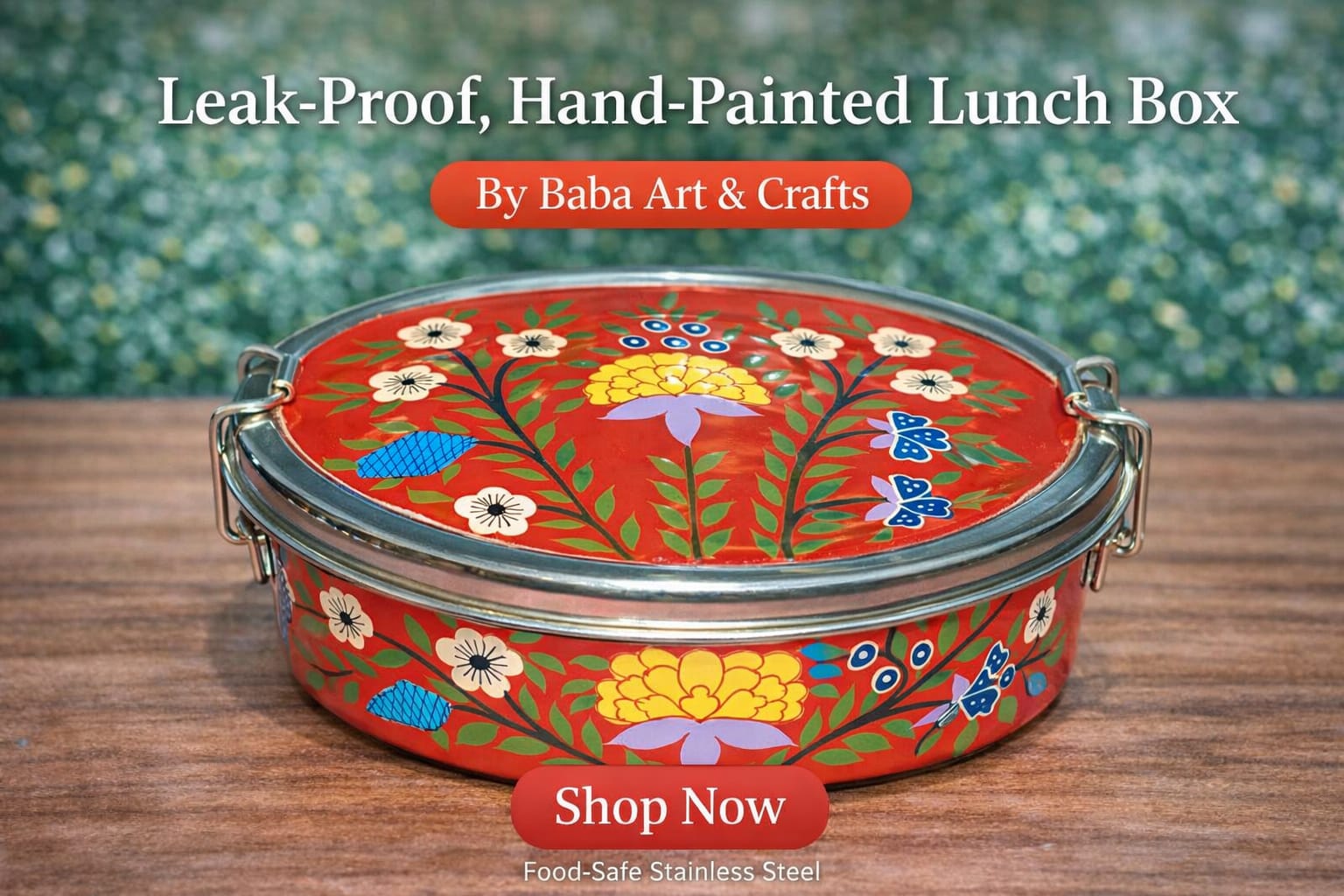 Single tier oval hand-painted stainless steel lunch box , leak-proof and lead-free enamelware handicraftLeak-Proof Kashmiri Enamelware Copy 131401